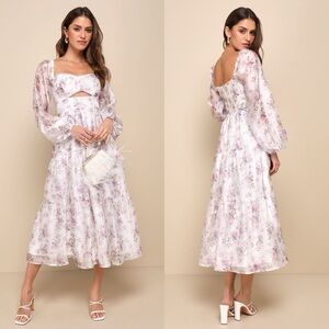 Lulus Radiant Afternoon Ivory Floral Cutout Tiered Midi Dress
